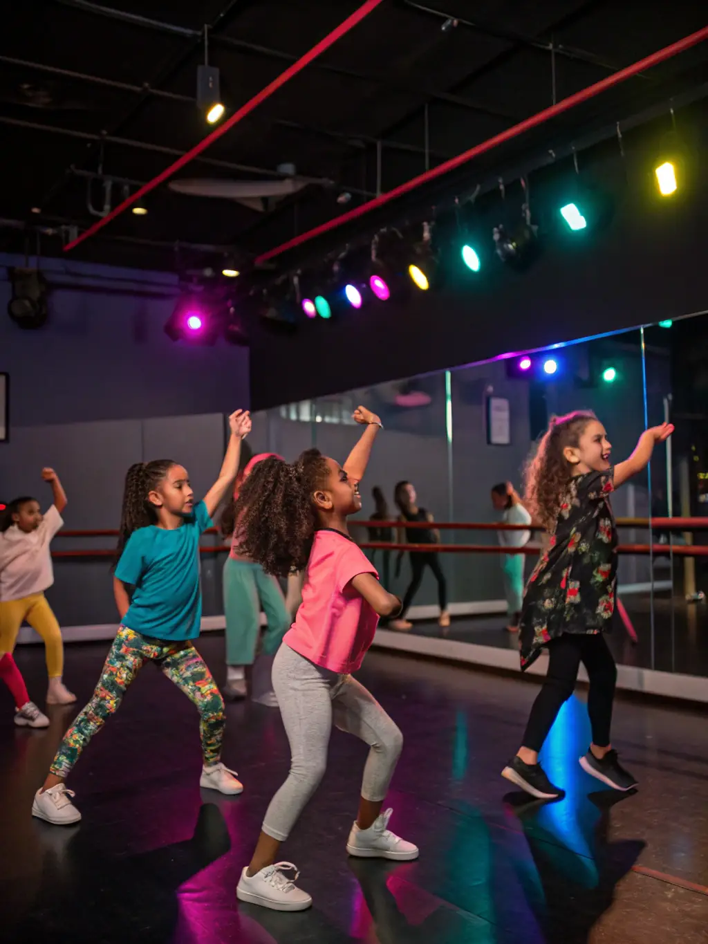 A dynamic image of a multicultural group of people dancing together in a spacious hall, with a professional instructor leading a lively dance class, capturing movement and joy.