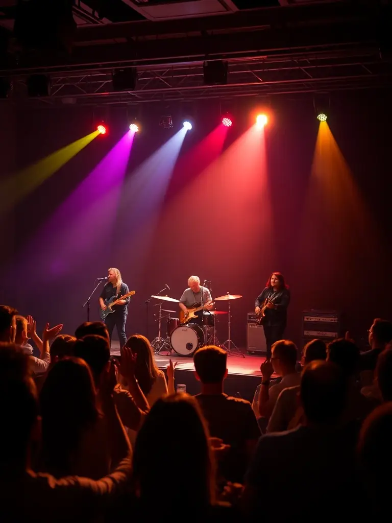 A festive scene of an evening concert with musicians performing on stage, colorful lights, and an enthusiastic audience enjoying a cultural event organized by the association.