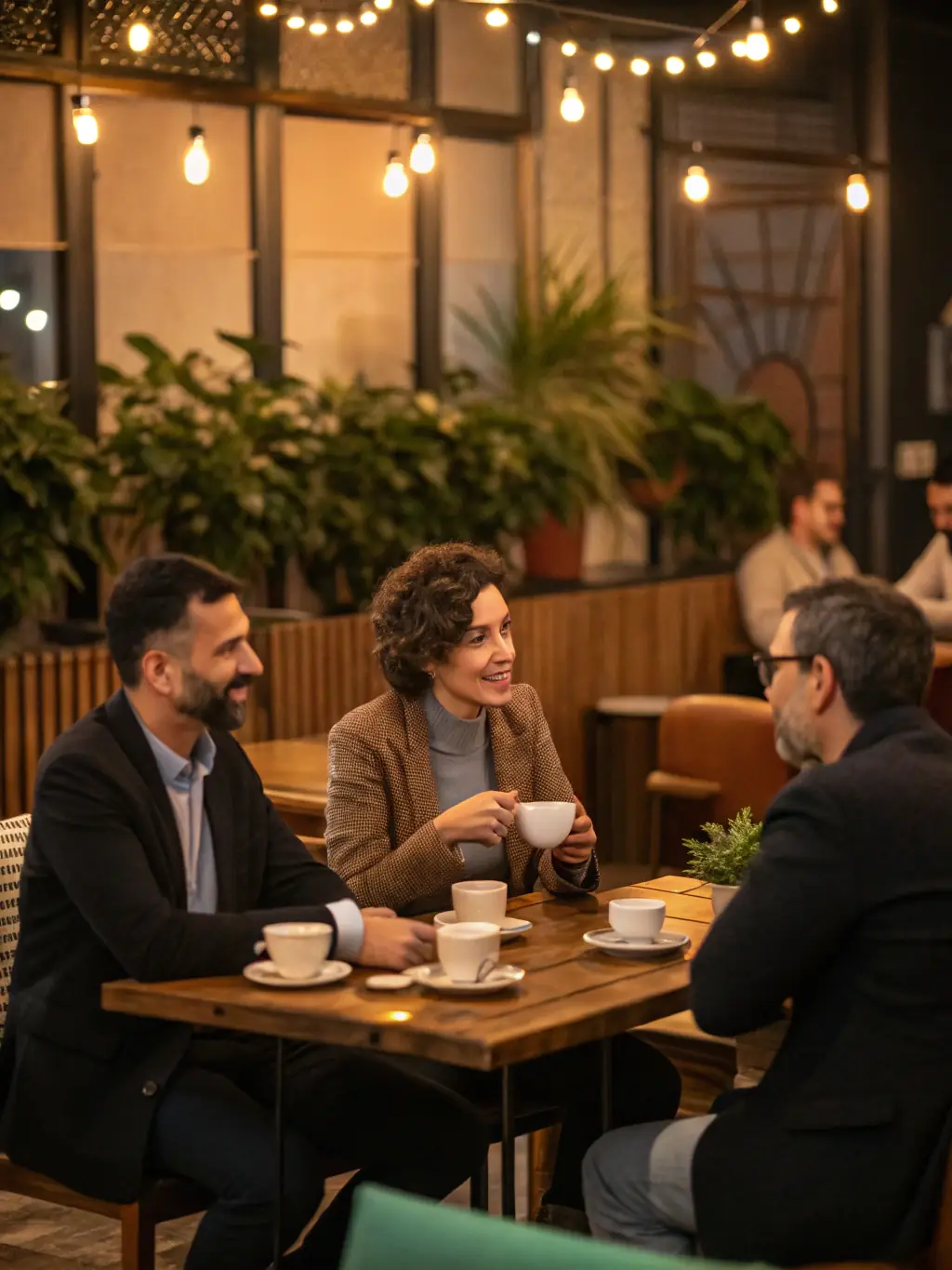 A candid photo of a small group gathered around a table in a cozy meeting room, engaged in animated discussion, with notebooks, coffee, and welcoming decor.
