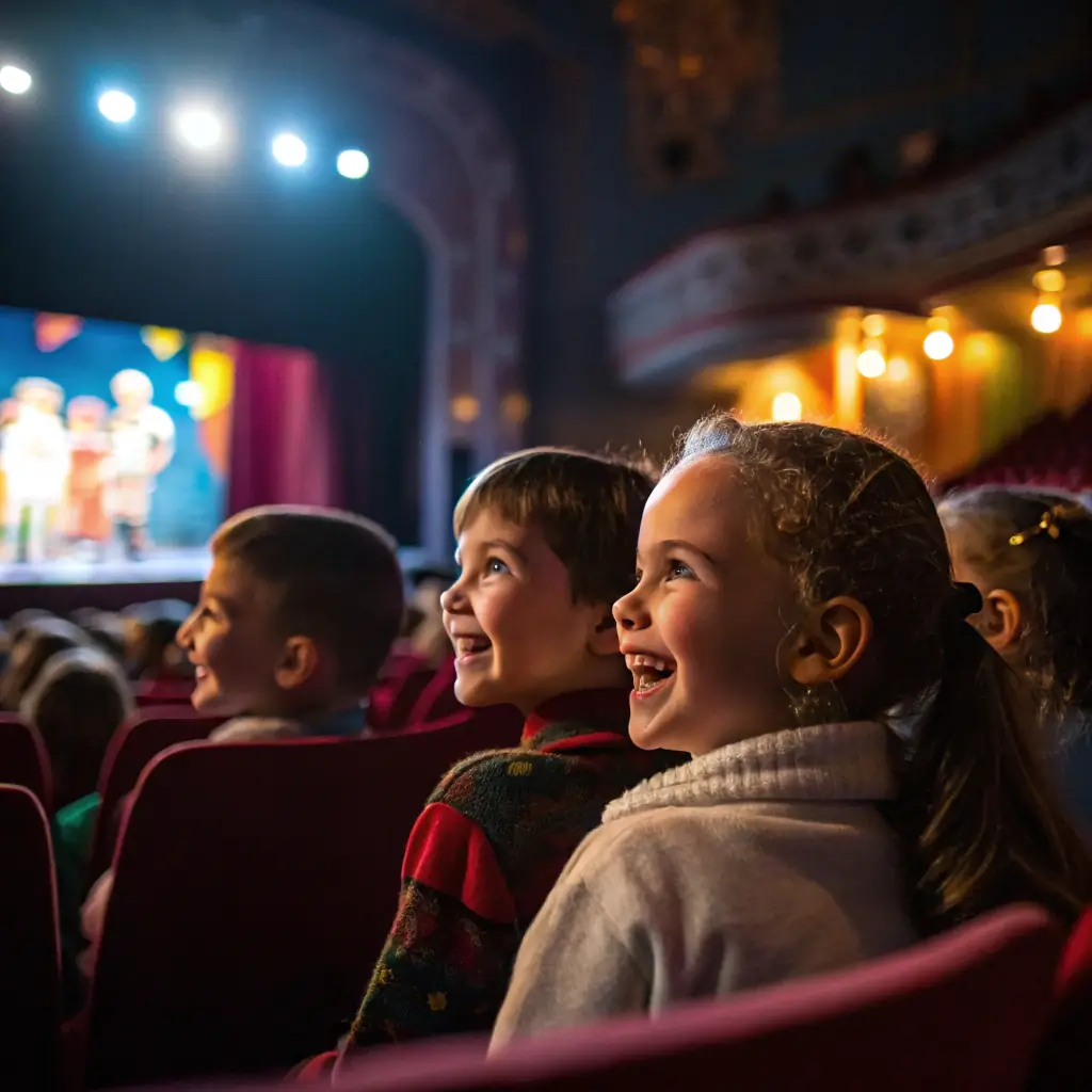 A cozy indoor setting with a small audience watching a youth theater performance on stage.