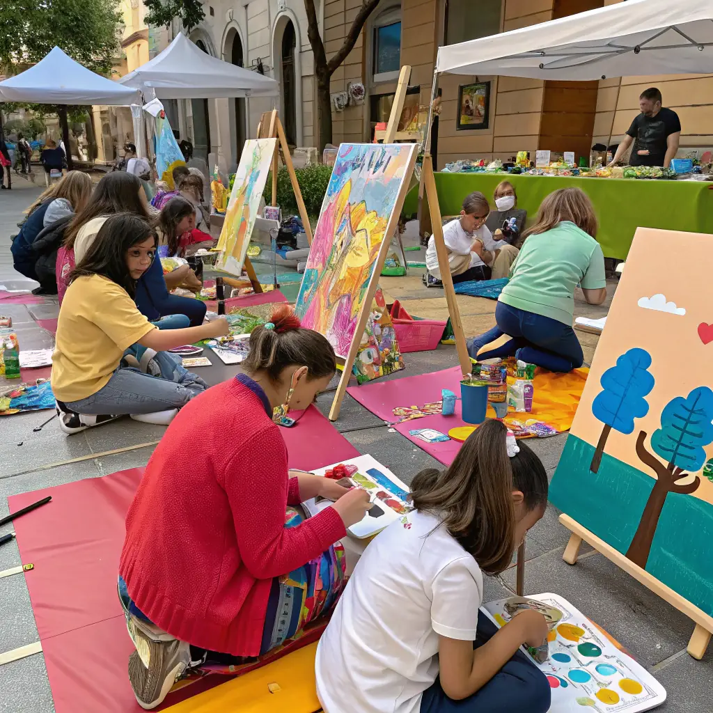 A vibrant photo of a community art workshop in progress, with children and adults painting together at large tables.