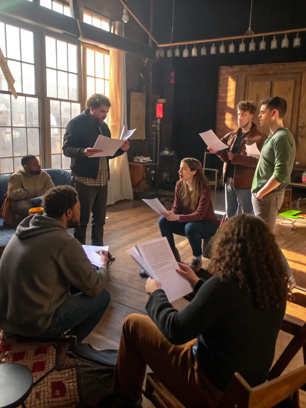 A candid image of a lively theater rehearsal, with young actors practicing lines on stage, a director giving feedback, and costumes and props scattered around, capturing the excitement of MJC’s theater and language classes.