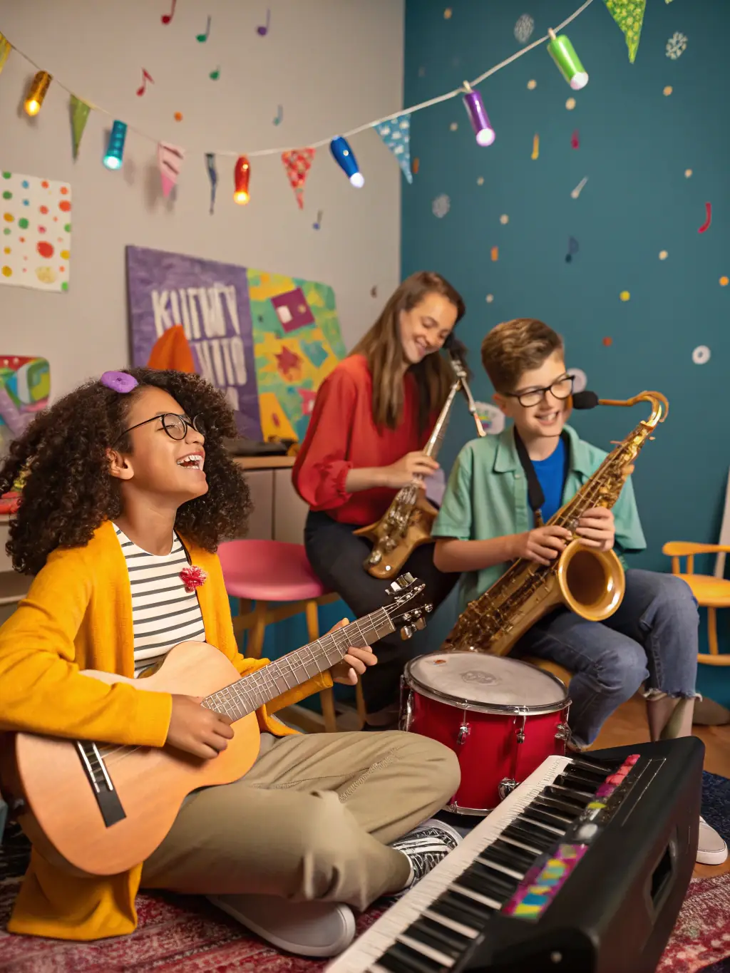 A dynamic photo of a group of people playing musical instruments—guitars, drums, and keyboards—while others sing and dance, set in a cozy, welcoming room decorated with musical notes and posters, illustrating the energy of MJC’s music and dance programs.