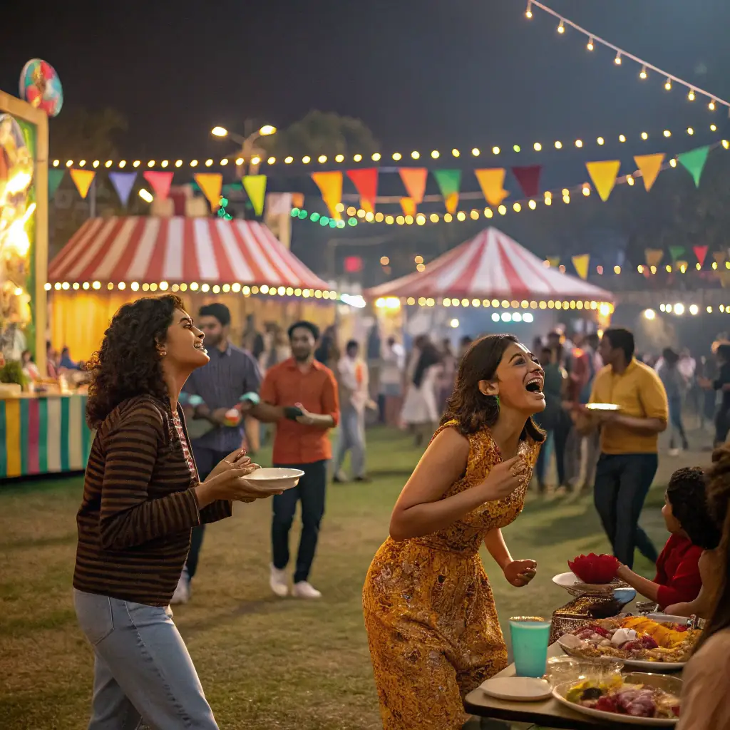 A lively outdoor scene with people enjoying live music and food stalls at a local festival.