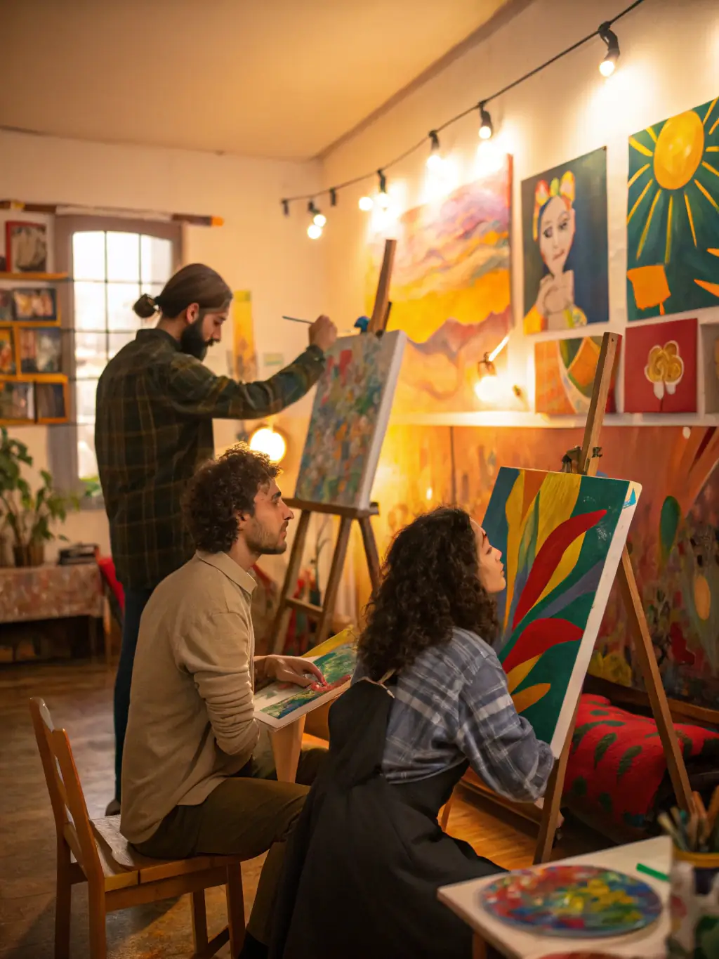 A vibrant scene of adults and children gathered around tables, painting and drawing together in a sunlit community art studio, with colorful artworks displayed on the walls, representing the inclusive and creative atmosphere of MJC’s visual arts workshops.
