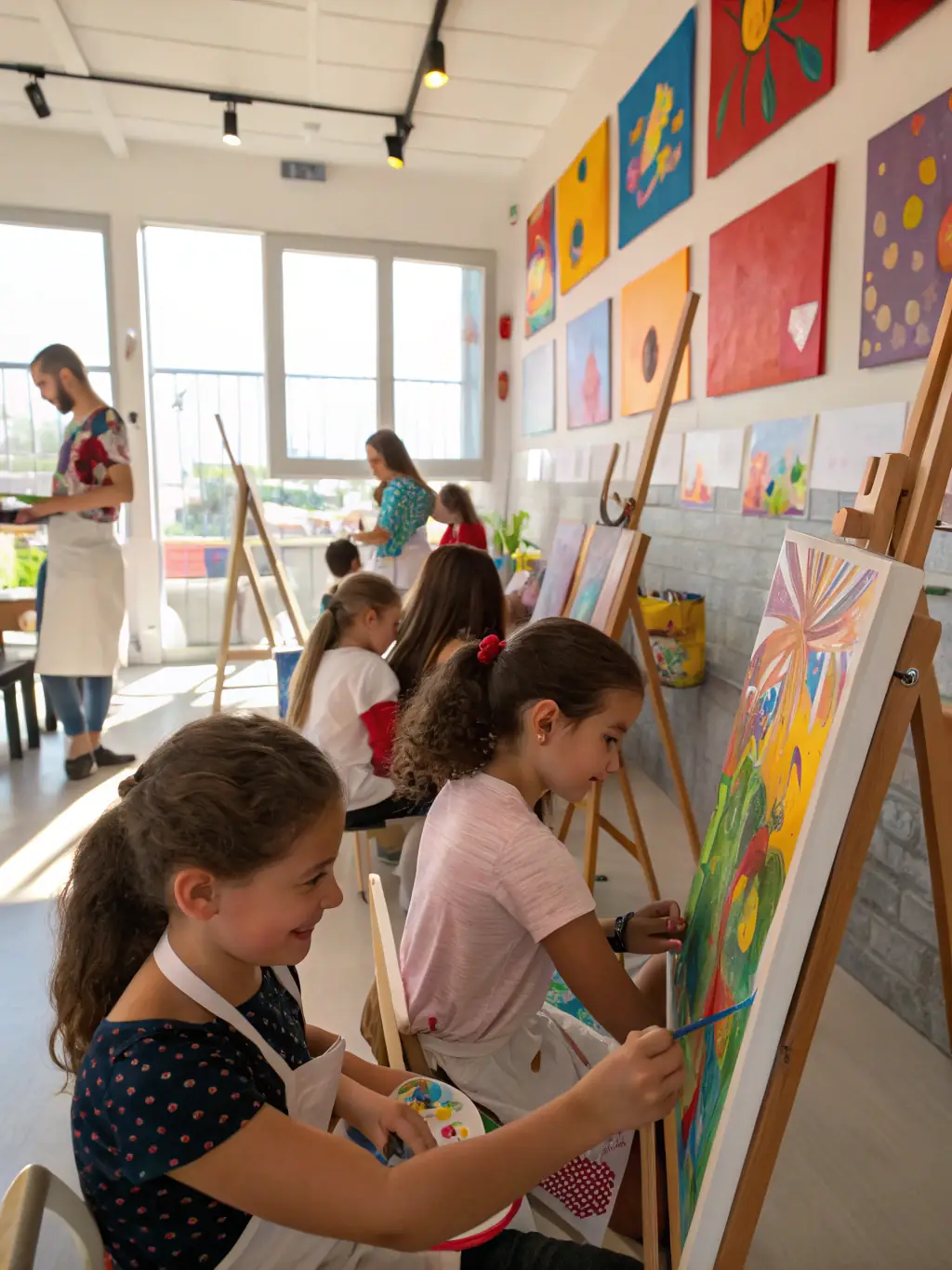 A vibrant photo of a group of children and adults participating in a hands-on painting workshop, with colorful canvases and art supplies on tables, set in a bright, welcoming studio at MJC Maison des Jeunes et de la Culture.